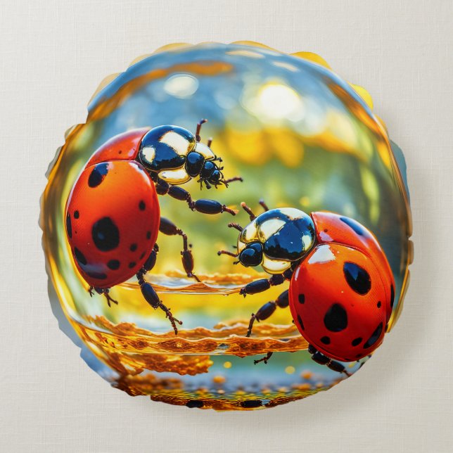 Ladybugs in a drop of water round cushion (Front)