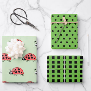 Ladybugs lime and black dots and squares wrapping paper sheet