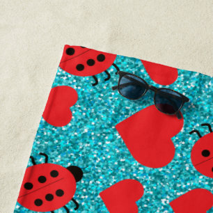 Ladybugs Lucky Insect Red Hearts Black Polka Dots Beach Towel