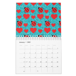 Ladybugs Lucky Insect Red Hearts Black Polka Dots Calendar