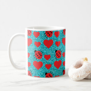 Ladybugs Lucky Insect Red Hearts Black Polka Dots Coffee Mug