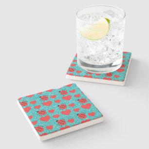 Ladybugs Lucky Insect Red Hearts Black Polka Dots Stone Coaster