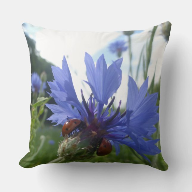 Ladybugs Meeting on Cornflower Throw Pillow (Front)