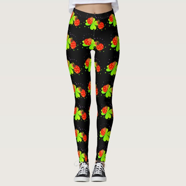 Ladybugs on Shamrock Pattern Black Leggings (Front)