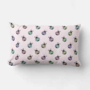 Ladybugs Pastel Multicolor Pattern on Pink Lumbar Cushion