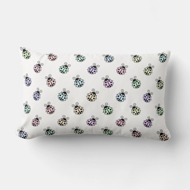 Ladybugs Pastel Multicolor Pattern on White Lumbar Cushion (Front)