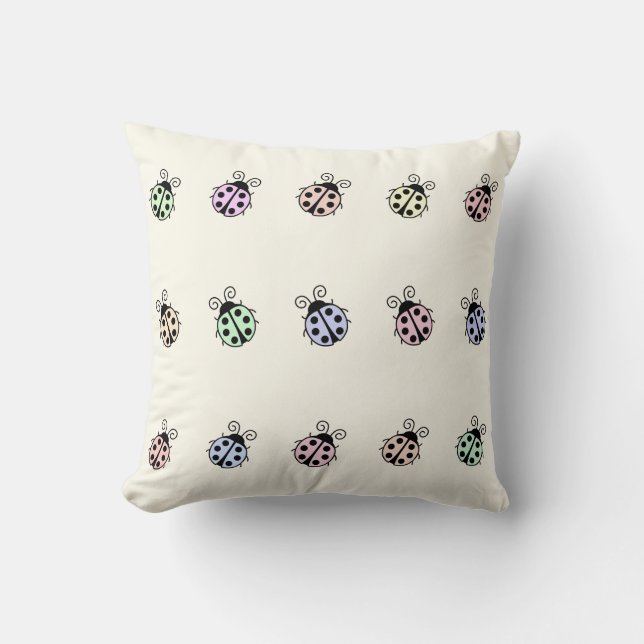 Ladybugs Pastel Multicolor Pattern on Yellow Cushion (Front)