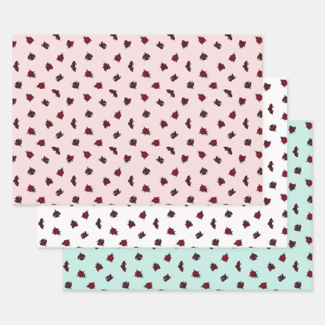 Ladybugs Pattern Pink White Turquoise Wrapping Paper Sheet (Set)