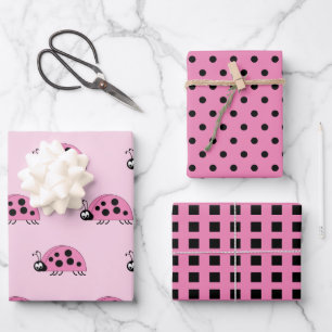 Ladybugs pink and black dots and squares wrapping paper sheet