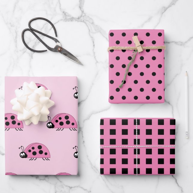 Ladybugs pink and black dots and squares wrapping paper sheet (Front)