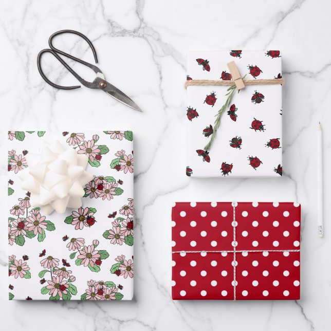Ladybugs Pink Daisies Polka Dots Mixed Patterns Wrapping Paper Sheet (Front)