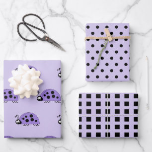 Ladybugs purple and black dots and squares wrapping paper sheet