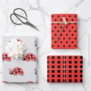Ladybugs red and black dots and squares wrapping paper sheet