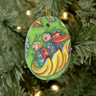 LADYBUGS RIDING ON FALLING AUTUMN LEAVES, FUN BUG CERAMIC ORNAMENT