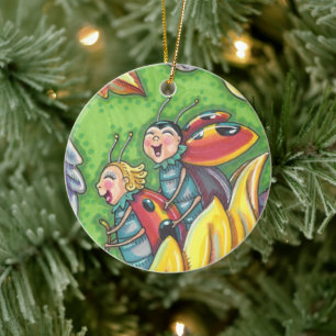 LADYBUGS RIDING ON FALLING AUTUMN LEAVES, FUN BUG CERAMIC ORNAMENT