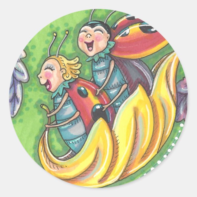 LADYBUGS RIDING ON FALLING AUTUMN LEAVES, FUN BUG CLASSIC ROUND STICKER (Front)