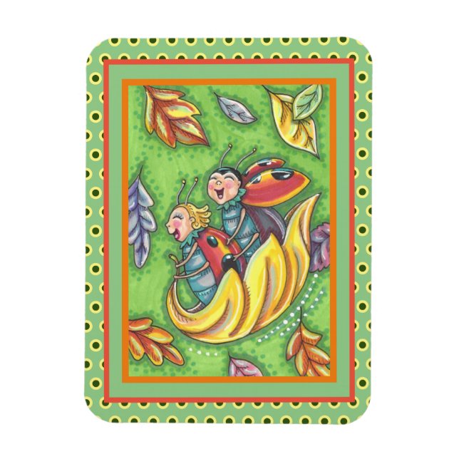 LADYBUGS RIDING ON FALLING AUTUMN LEAVES, FUN BUG MAGNET (Vertical)