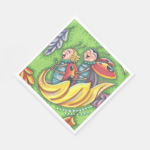 LADYBUGS RIDING ON FALLING AUTUMN LEAVES, FUN BUG NAPKIN