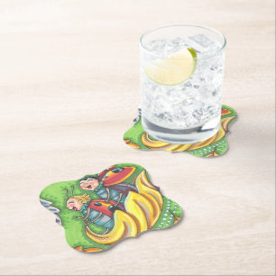 LADYBUGS RIDING ON FALLING AUTUMN LEAVES, FUN BUG PAPER COASTER