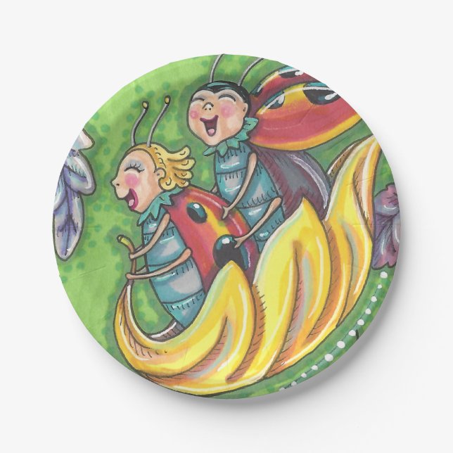 LADYBUGS RIDING ON FALLING AUTUMN LEAVES, FUN BUG PAPER PLATE (Front)