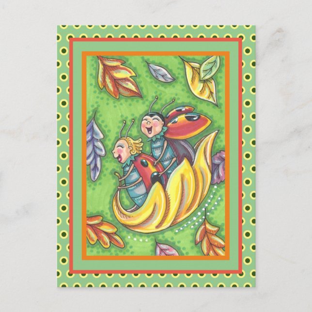 LADYBUGS RIDING ON FALLING AUTUMN LEAVES, FUN BUG POSTCARD (Front)