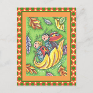 LADYBUGS RIDING ON FALLING AUTUMN LEAVES, FUN BUG POSTCARD