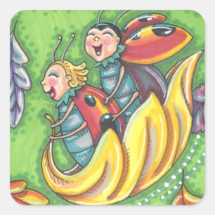 LADYBUGS RIDING ON FALLING AUTUMN LEAVES, FUN BUG SQUARE STICKER