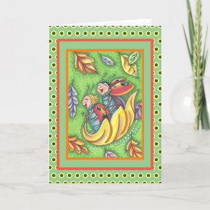 LADYBUGS RIDING ON FALLING AUTUMN LEAVES, FUN BUG THANK YOU CARD