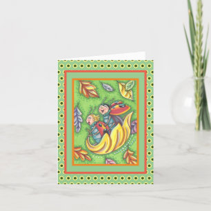 LADYBUGS RIDING ON FALLING AUTUMN LEAVES, FUN BUG THANK YOU CARD