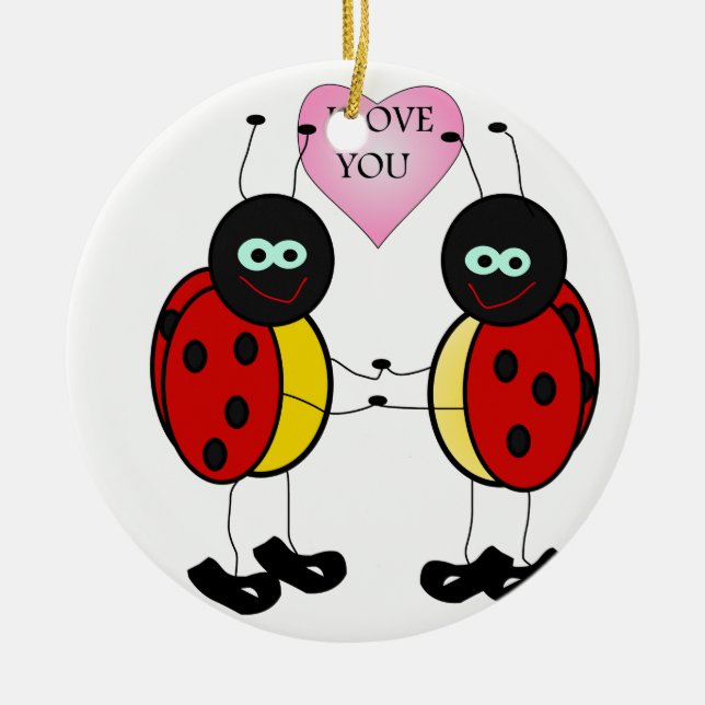 Ladybugs together holding hands in love ceramic ornament (Front)