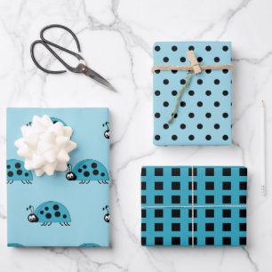 Ladybugs turquoise and black dots and squares wrapping paper sheet