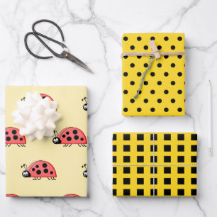 Ladybugs yellow and black dots and squares wrapping paper sheet