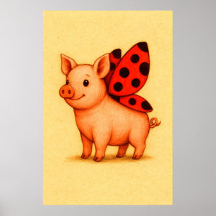 Ladypig Pig Wall Art, Ladybug Wings Pig Poster
