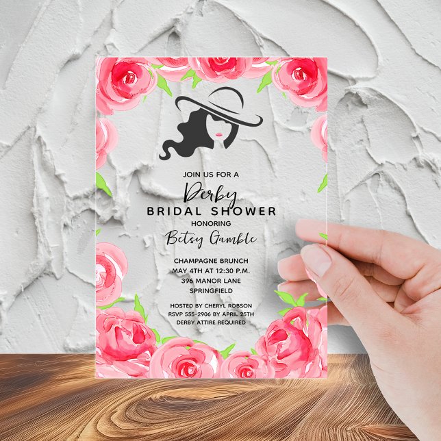Lady's Big Hat Bridal Shower Acrylic Invitations (Lady's big hat and roses bridal shower acrylic invitations - order clear or frosted)