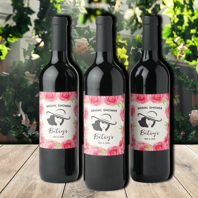 Lady's Hat & Roses Derby Bridal Shower Wine Labels (Creator Uploaded)
