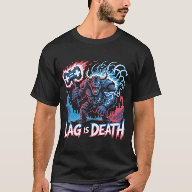 Lag Is Death Funny Gamer T-Shirt Cyberpunk Minotau (Front)