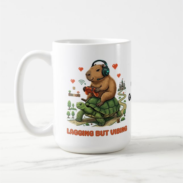 Lagging But Vibing Funny Capybara & Turtle Gamer  Coffee Mug (Left)