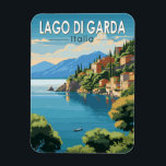 Lago di Garda Italia Travel Art Vintage Magnet<br><div class="desc">Lake Garda vector art design. Lake Garda,  in northern Italy,  is known for its crystal clear water. At the south end,  the town of Sirmione is dominated by the Rocca Scaligera,  a fortress with harbour views.</div>