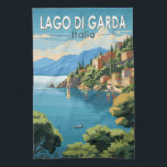 Lago di Garda Italia Travel Art Vintage Tea Towel<br><div class="desc">Lake Garda vector art design. Lake Garda,  in northern Italy,  is known for its crystal clear water. At the south end,  the town of Sirmione is dominated by the Rocca Scaligera,  a fortress with harbour views.</div>