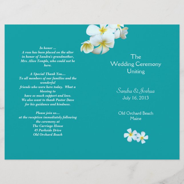 Lagoon Blue Plumeria Beach Wedding Program (Front)