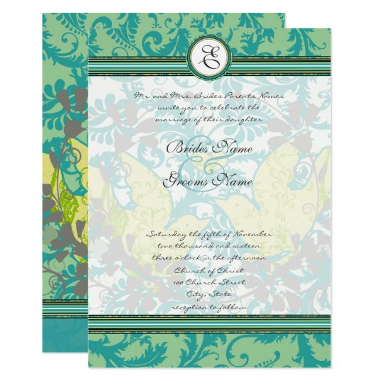 Lagoon Endive Vintage Birds Damask Grey Wedding Card