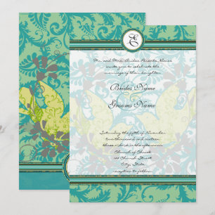 Lagoon Endive Vintage Birds Damask Grey Wedding Invitation