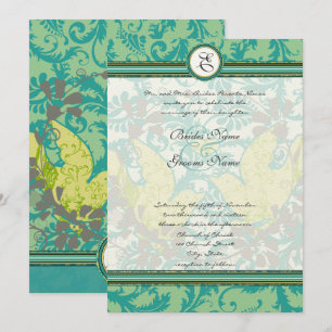 Lagoon Endive Vintage Love Birds Damask Wedding Invitation