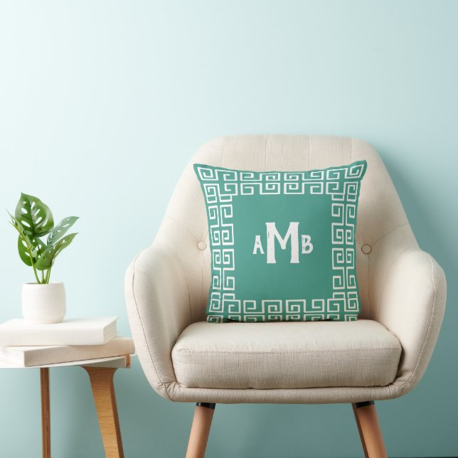 Lagoon Teal Reverse Greek Key Border Monogram Cushion (Chair)