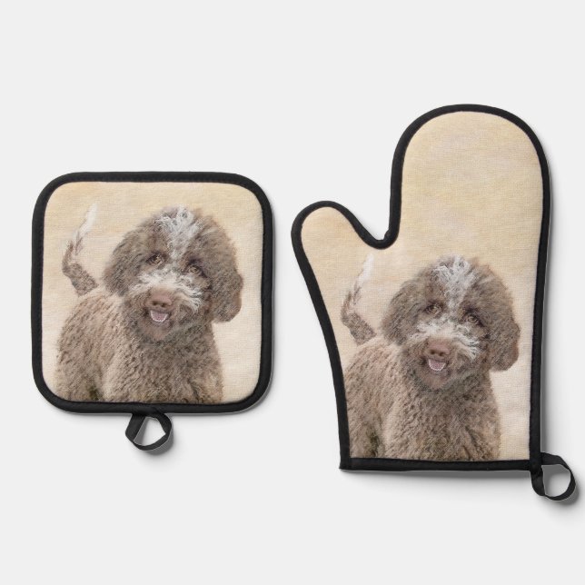 Lagotto Romagnolo Painting Cute Original Dog Art Oven Mitt & Pot Holder Set (Front)