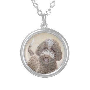 Lagotto Romagnolo Painting - Cute Original Dog Art Silver Plated Necklace