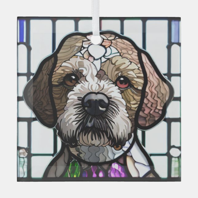 Lagotto Romagnolo "Stained Glass"  Glass Tree Decoration (Front)