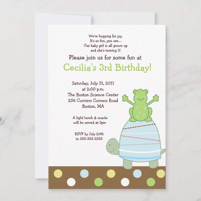 Laguna Frog & Turtle 5x7 Birthday Invitation (Front)