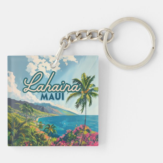 Lahaina Maui Hawaii Beach Coast Retro Key Ring (Back)