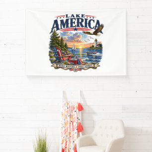 Lake America Sunset Patriotic Eagle Banner